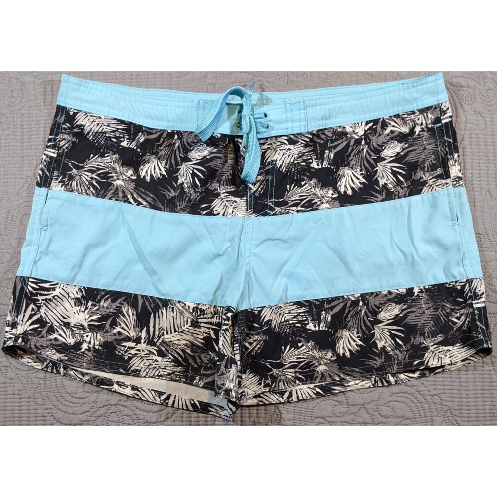 O'Rageous Men's Swim Trunks Shorts XL Teal & Black Hawaiian Drawstring Unlined